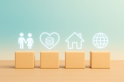 Icons zu Personen, Herz, Haus und Globus